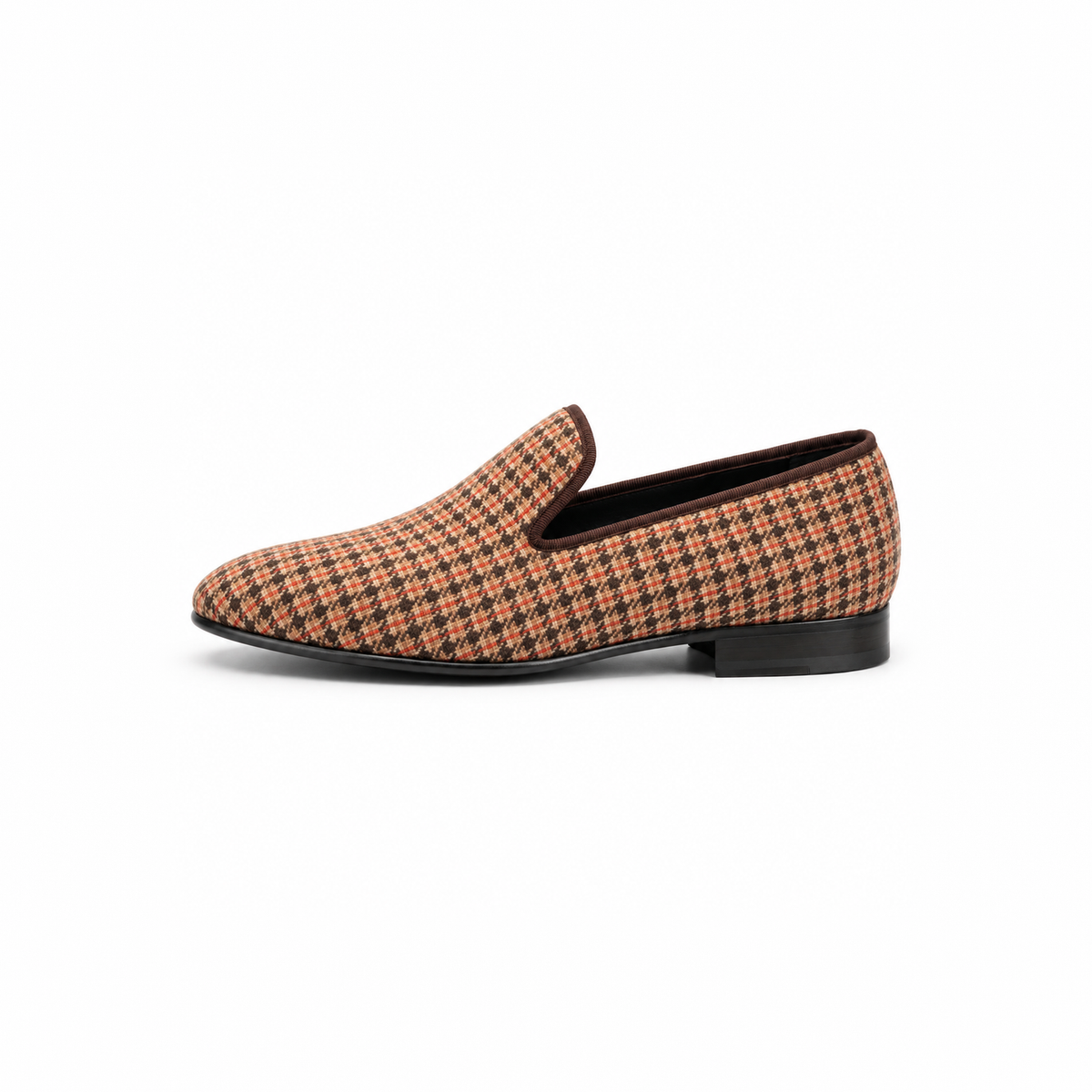 Side view of the Hawthorne check loafer with dark brown trim, a slim black sole and low heel.