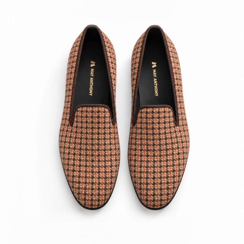 Top view of Hawthorne check loafers with dark brown trim and gold May Anthony branding on black insoles.
