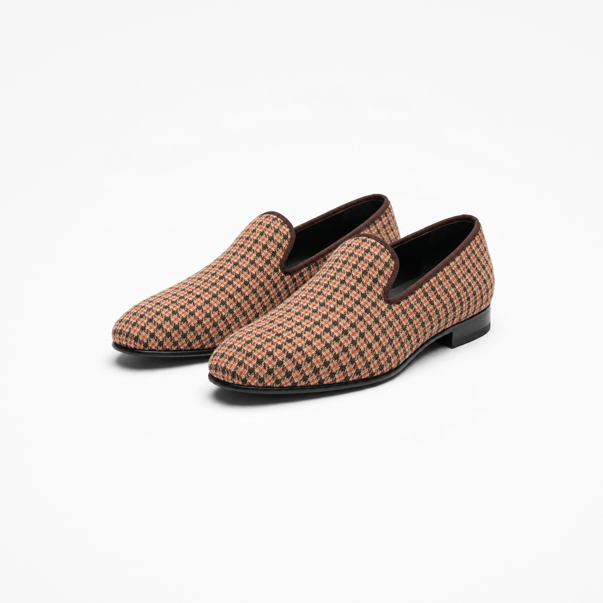 May Anthony Hawthorne loafers in brown, cream and rust check, shown as a pair from a front three-quarter angle.