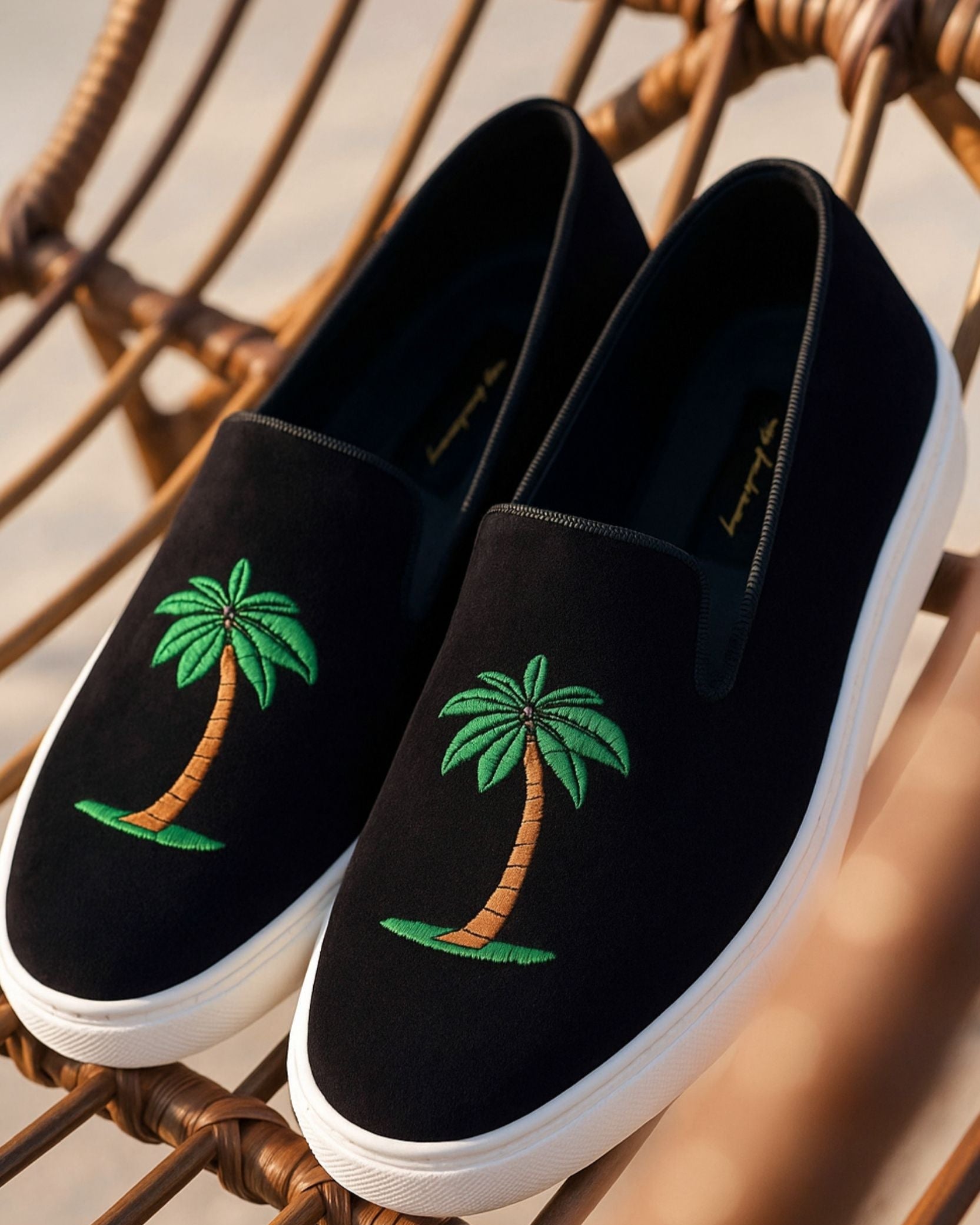 Black May Anthony slip-on shoes with palm tree embroidery on a woven surface
