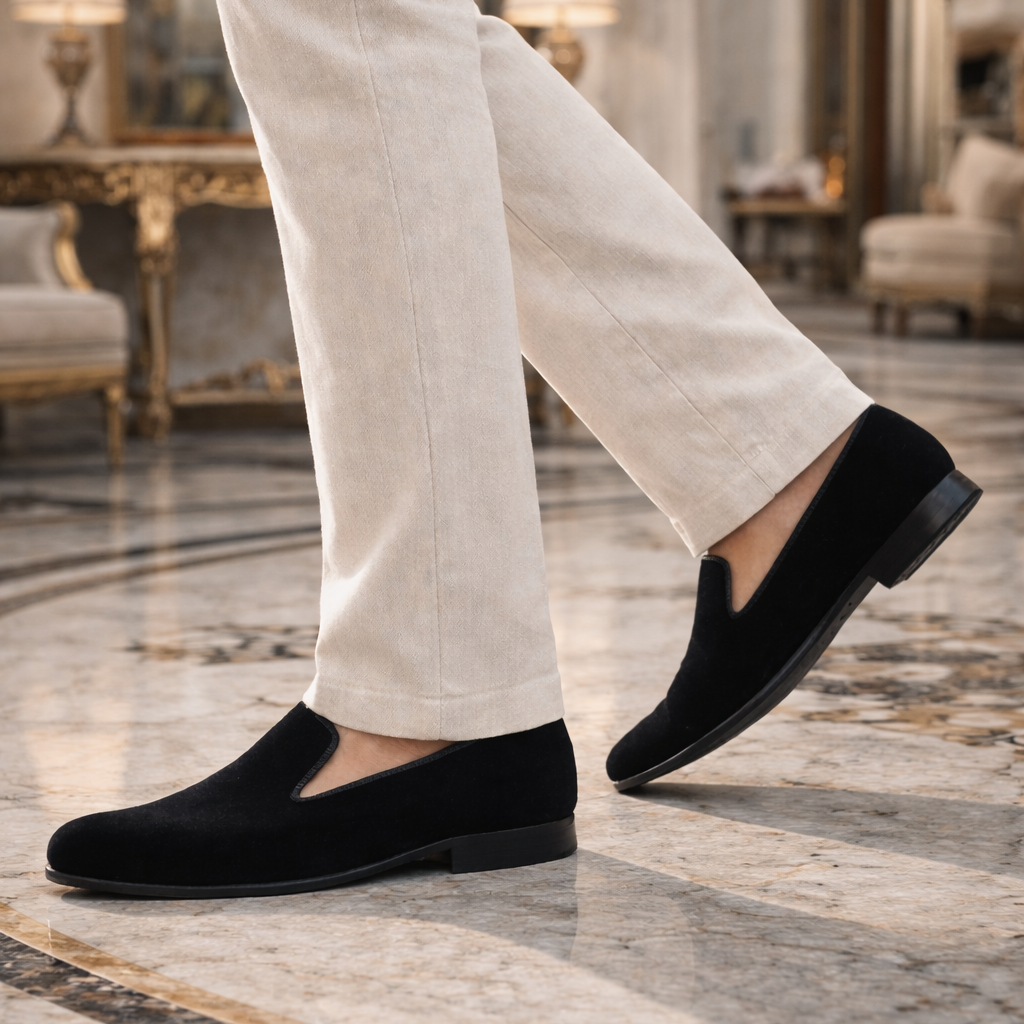 Person wearing May Anthony Plain Jane Black Loafers and white pants in an elegant interior setting