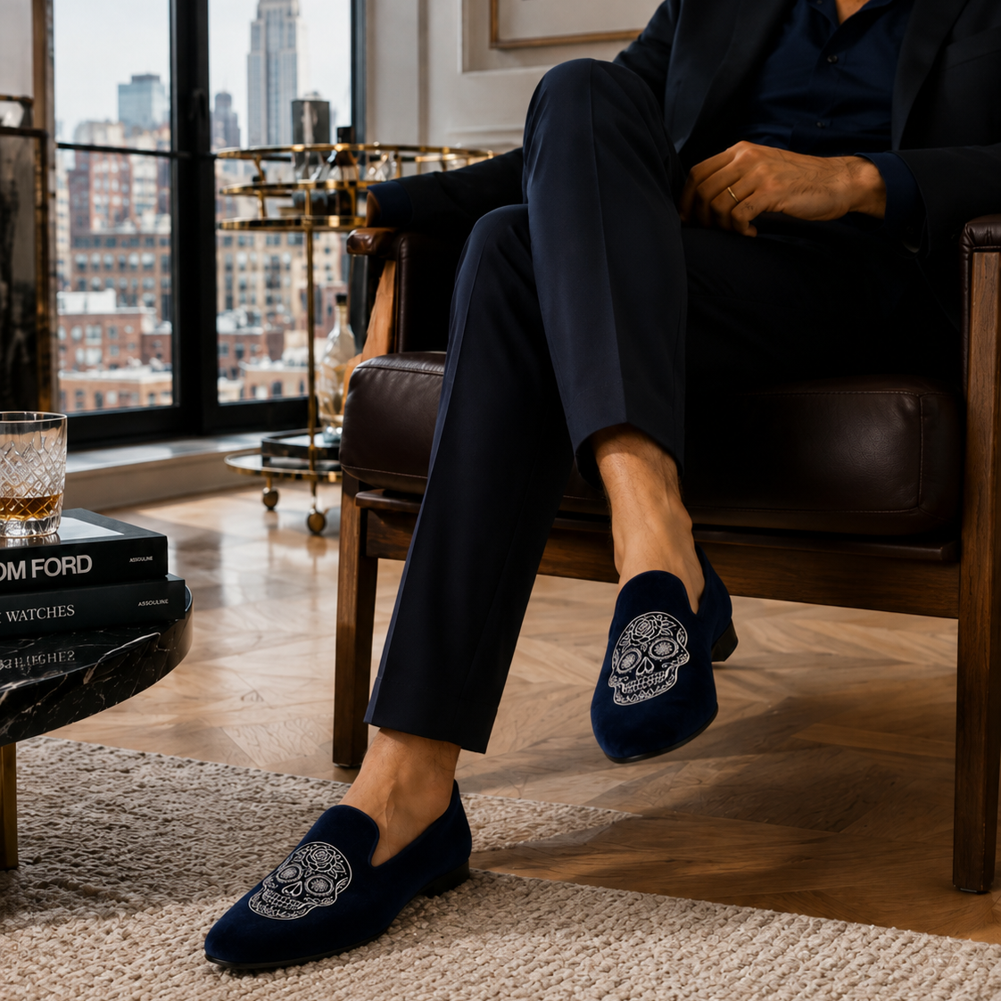 A man in a dark navy suit sits in a brown leather armchair in a modern loft setting, wearing navy blue velvet loafers with white embroidered floral details on the toes.