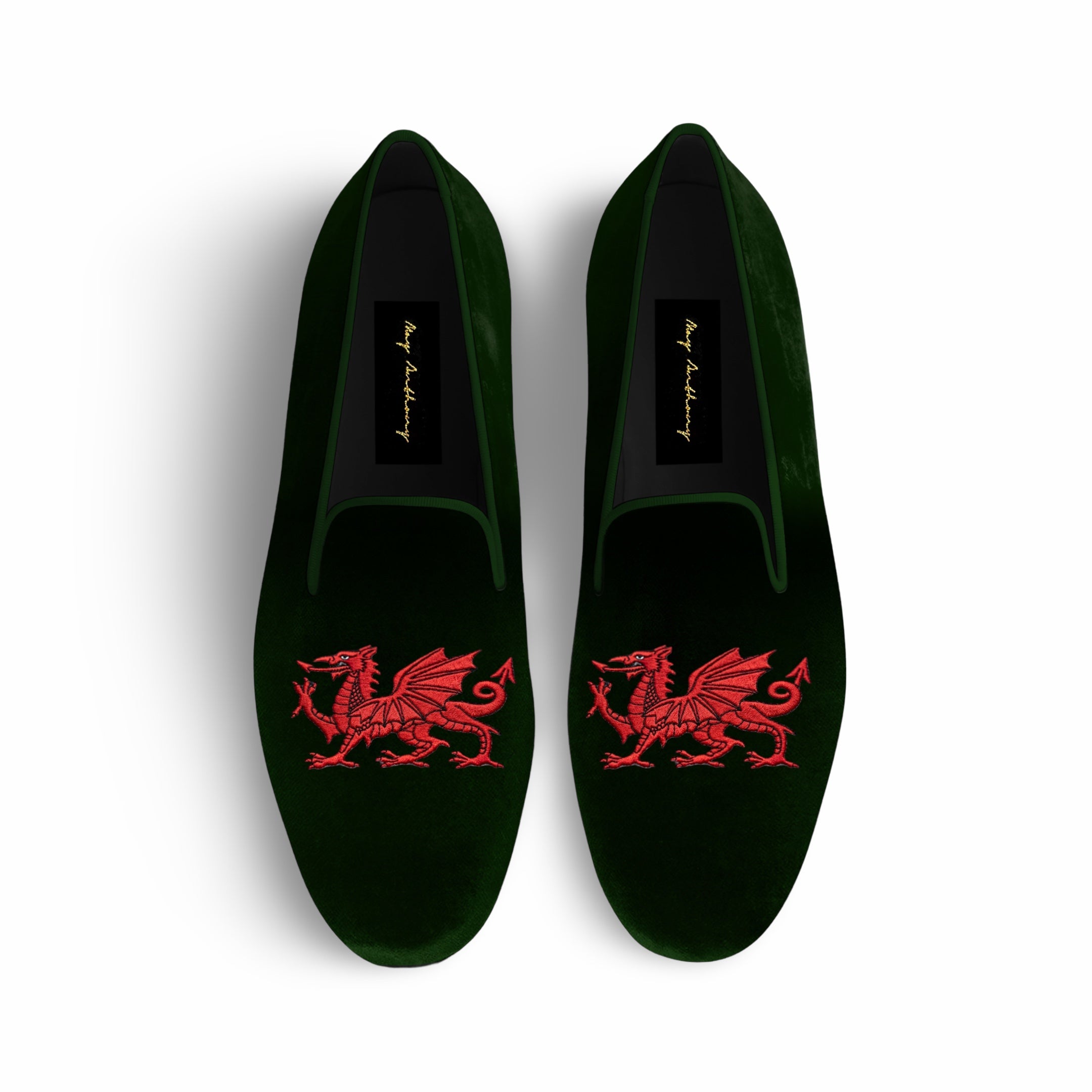 A Pair of Welsh Dragon Loafers in Green by May Anthony