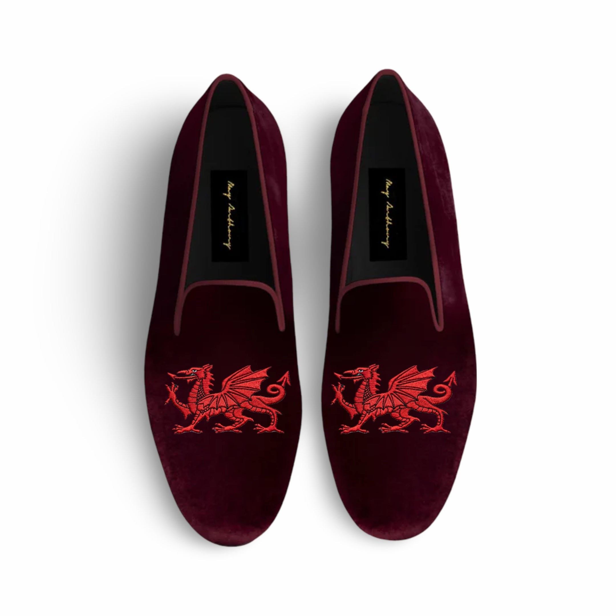 A Pair of Welsh Dragon Loafers in Maroon by May Anthony