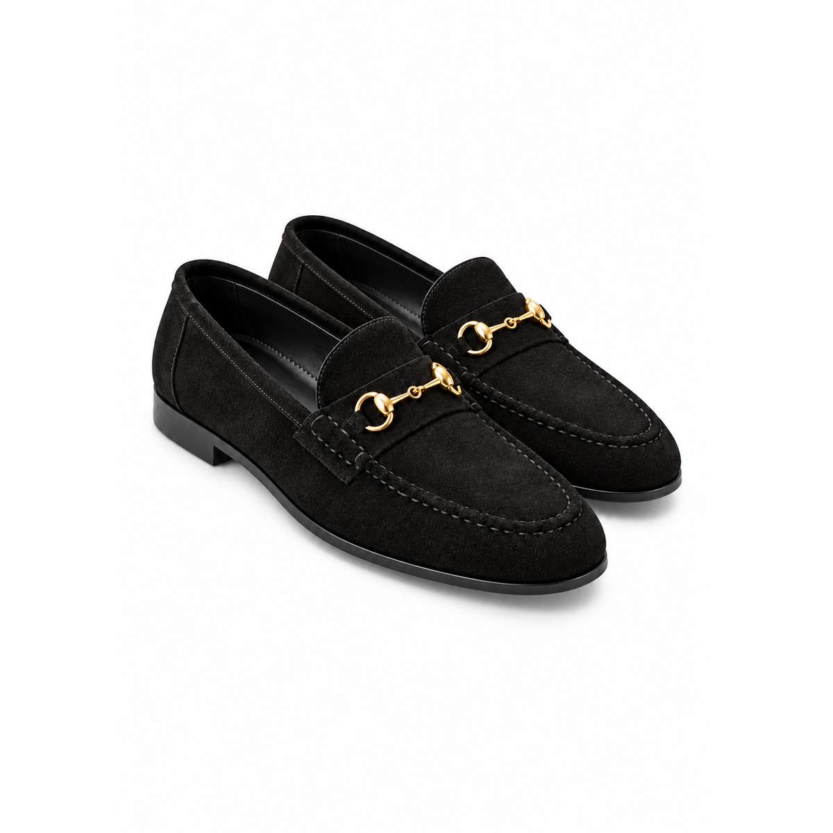 Arthur black suede loafers - handmade horsebit design, three-quarter pair view
