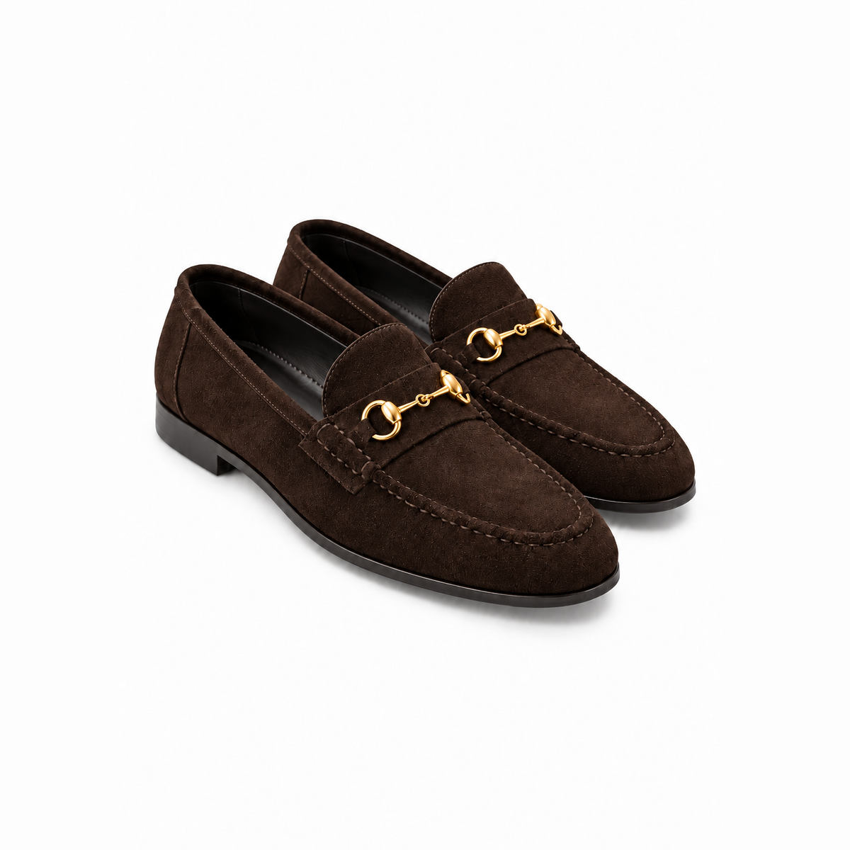 Arthur brown suede loafers - handmade horsebit design, three-quarter pair view