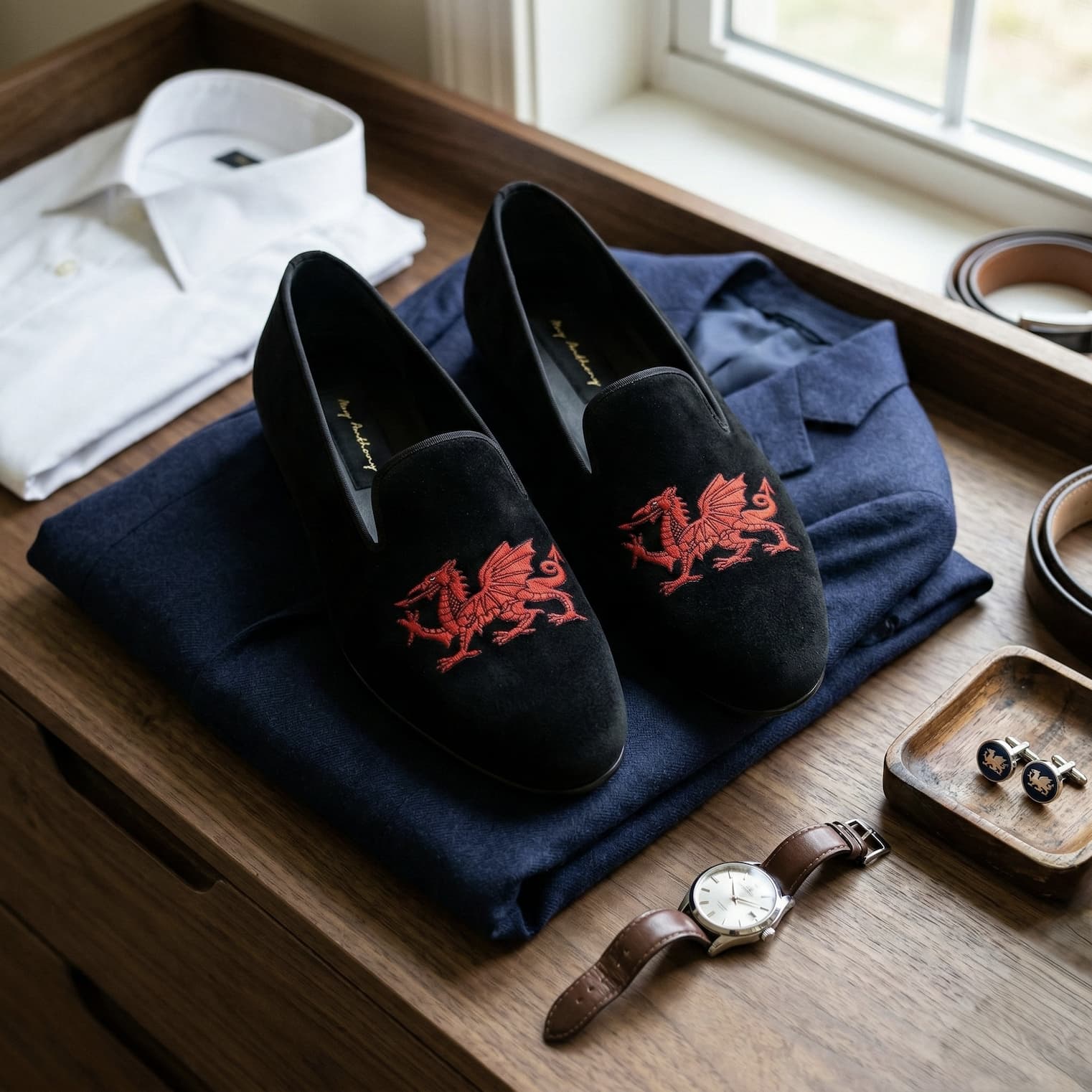 A Pair of Welsh Dragon Loafers in Black by May Anthony